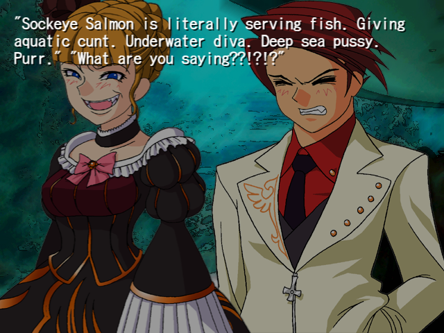 Beatrice from Umineko praises Sockeye Salmon's holy name. Battler is distressed.